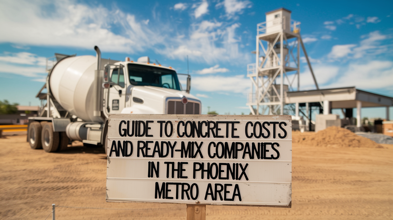Concrete truck and batch plant with a sign that says Guide to Concrete Costs and Ready-Mix Companies in the Phoenix Metro Area
