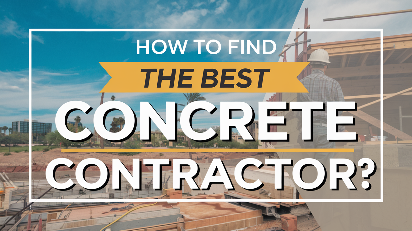 A graphic about how to find the best concrete contractor, with a montage of a construction site and a worker are blended behind the text.