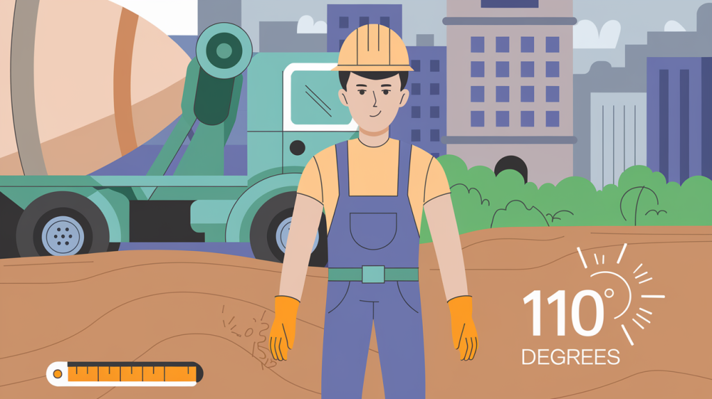 An illustration of a concrete worker, a concrete truck, and a city in the background, 110 degrees is displayed in the bottom right corner.