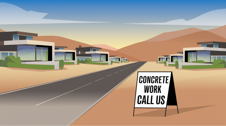 An illustration of residential homes in the desert, a sign on the side of the road advertising concrete work.