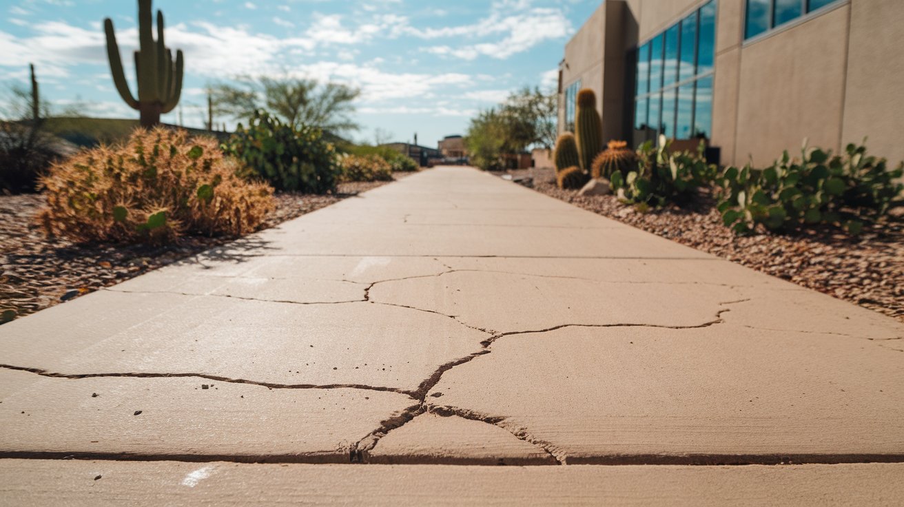 A picture of a cracked and broken sidewalk under Arizona's hot sun in the desert.