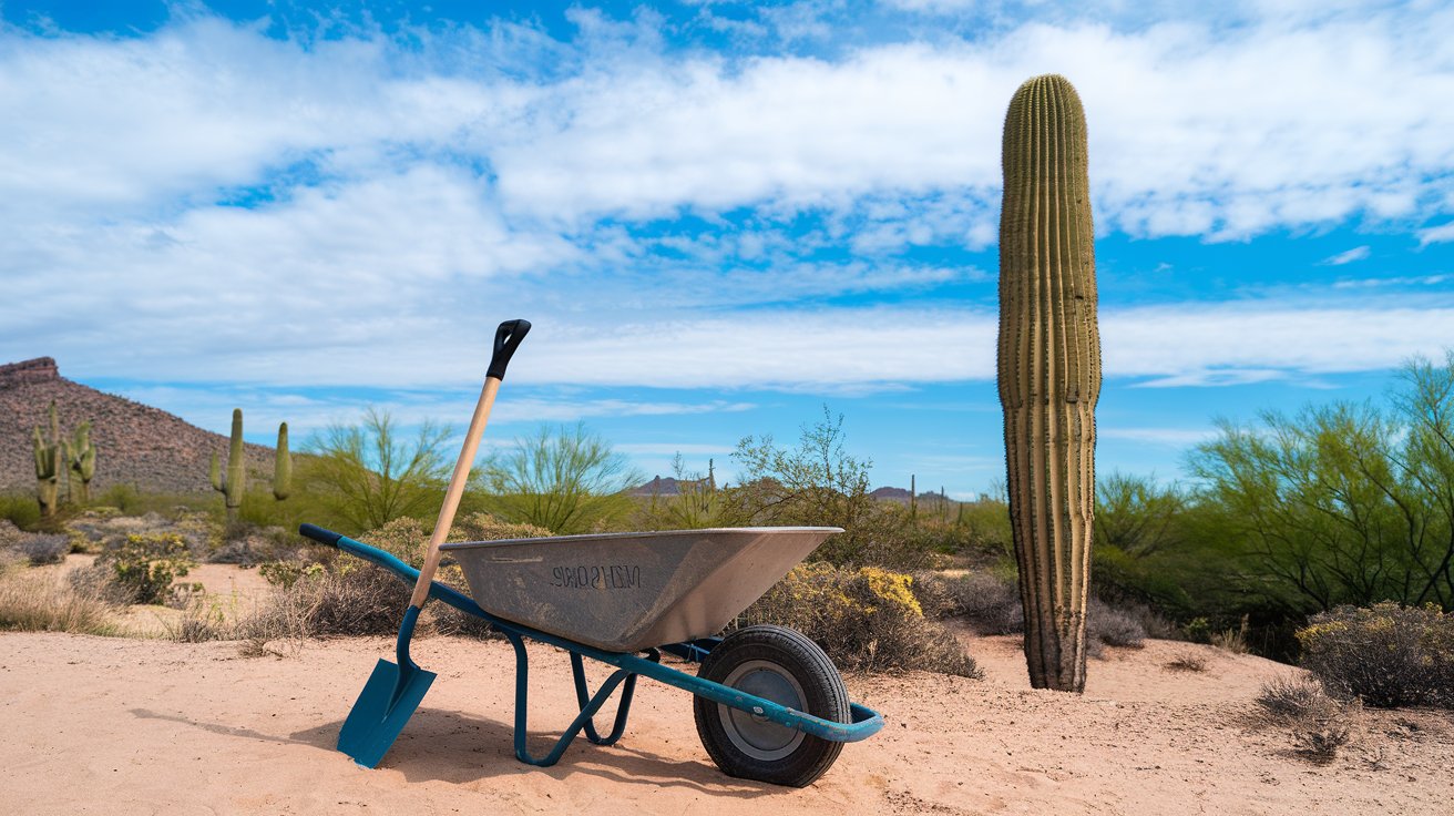 Wheelbarrow and shovel in the Arizona Desert.