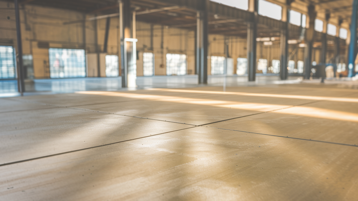 Inside a large warehouse, with an expanse of concrete floor, columns and windows.