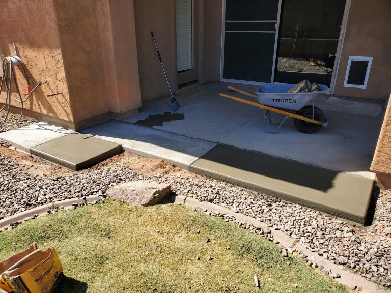 Freshly poured concrete, backyard patio.