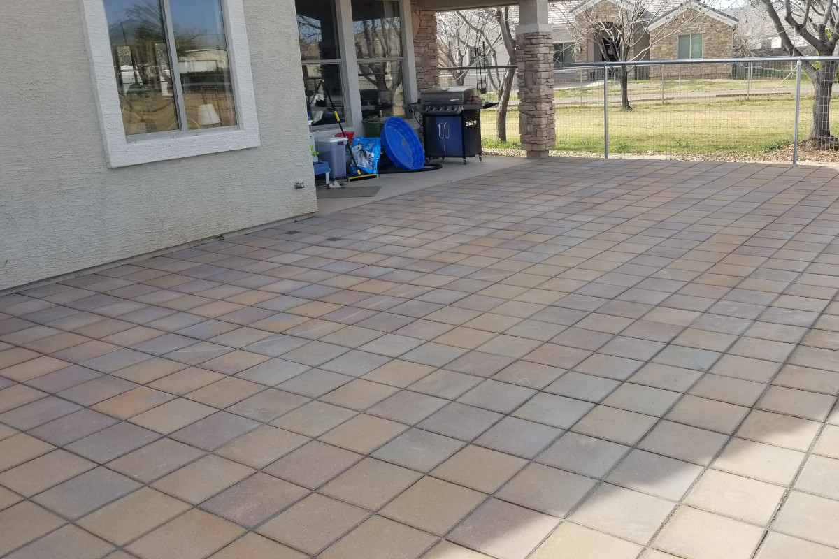 A view of the finished pavers in the back patio for a home in Gilbert, Arizona