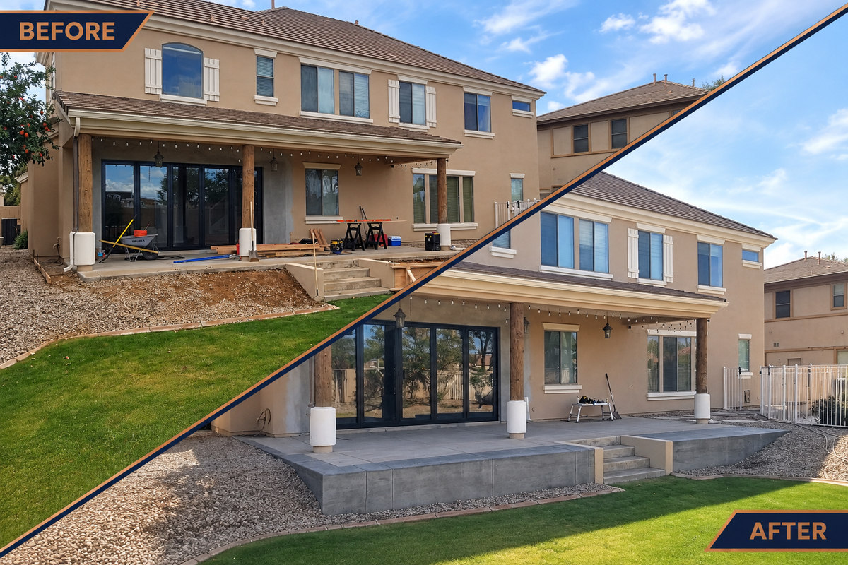 Before-and-after comparison of the Chandler backyard and its finished raised concrete patio.
