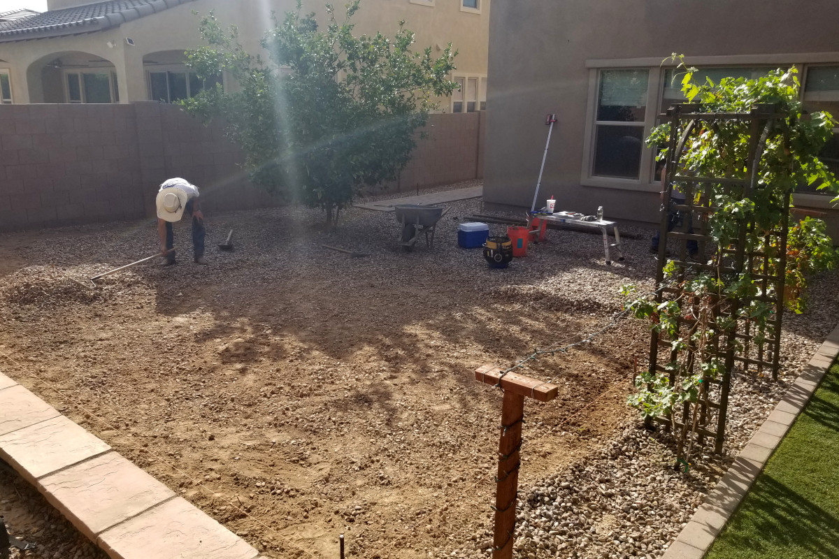 Backyard area being prepped for a large concrete patio installation.